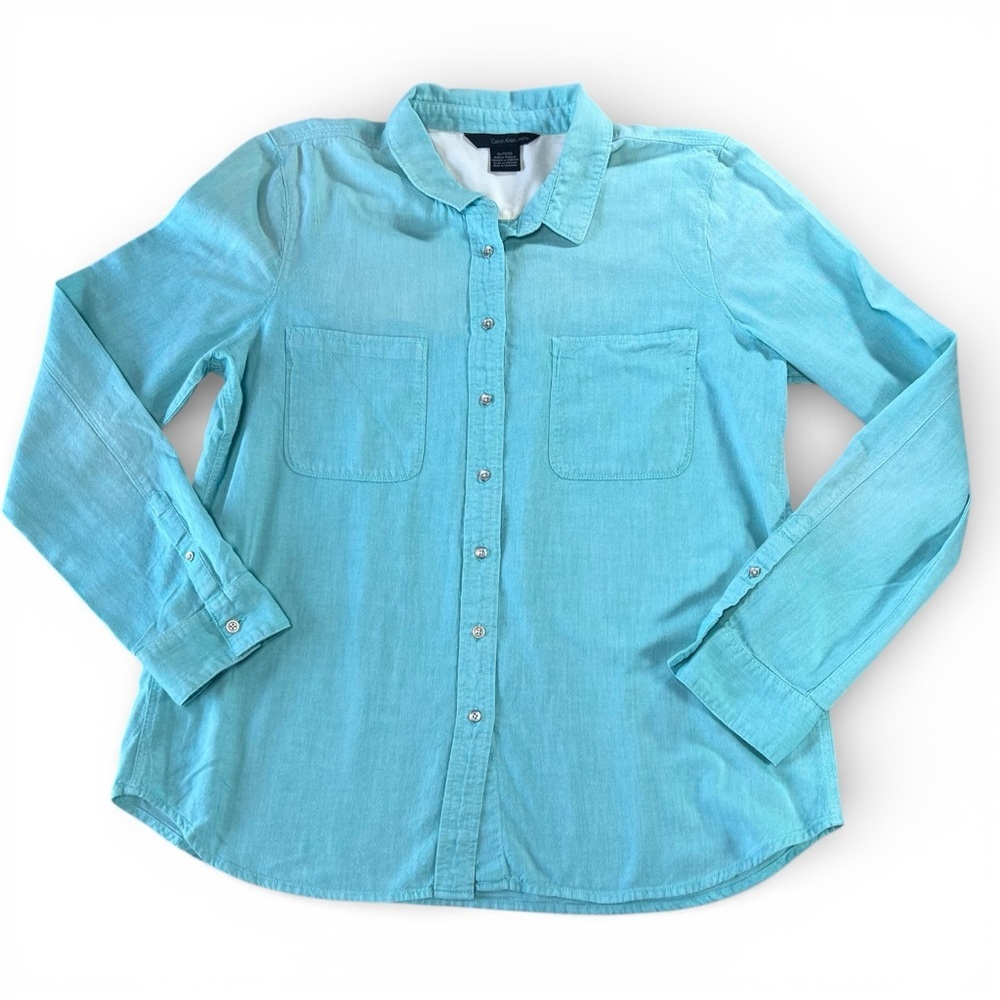 Calvin Klein Jeans Women’s XL Aqua Button-Up Shirt 100% Cotton Long Sleeve